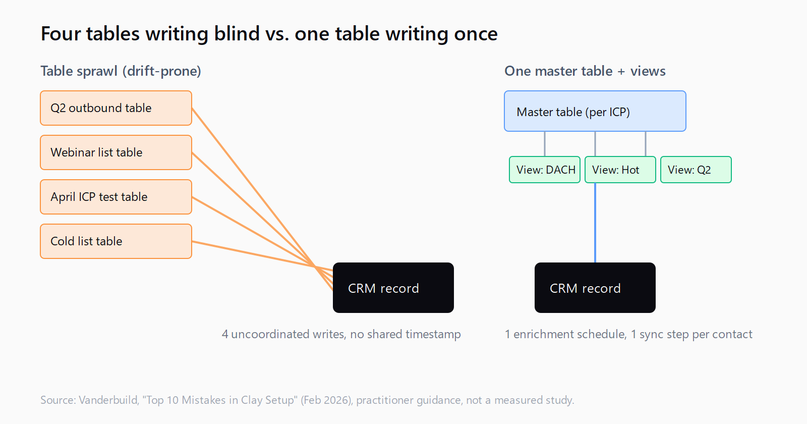 Diagram comparing four separate Clay tables each writing independently to a CRM record versus one master table with saved filter views writing once per contact.